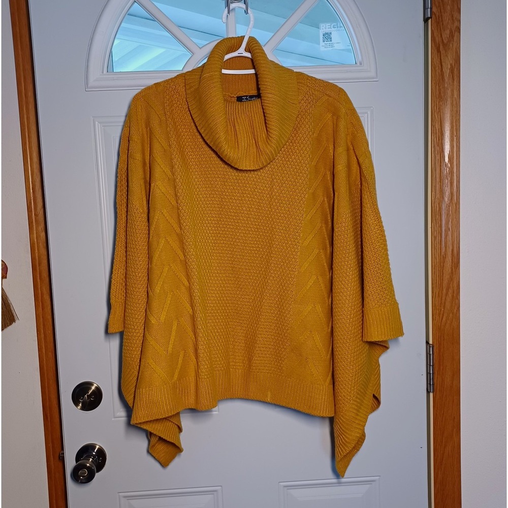 Simplee Womens L/XL Mustard Yellow Cable-Knit Cowl Neck Oversized Poncho Sweater